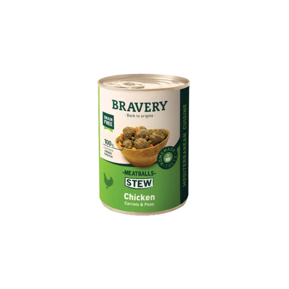 Bravery Wet Food Albondigas Estofado de Pollo Zanahoria y Guisantes Lata 415 Gr