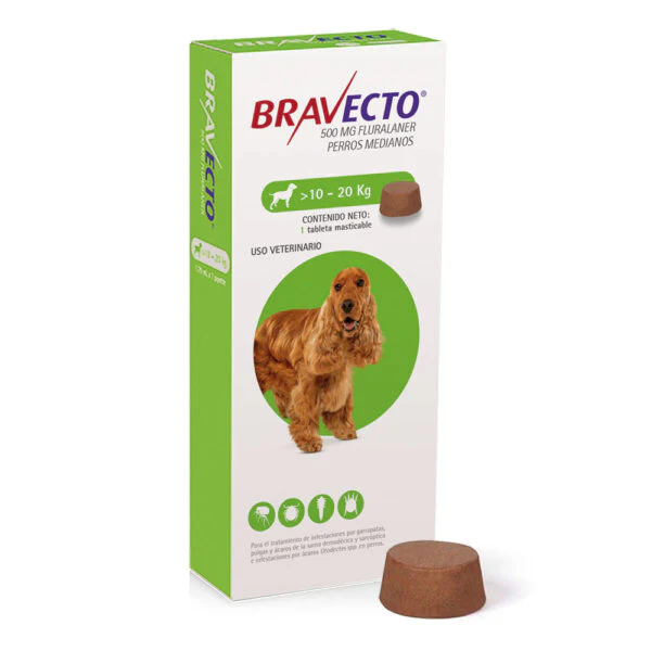 Bravecto M 500 mg 10 - 20 kg Comprimido Masticable para control de Pulgas y Garrapatas
