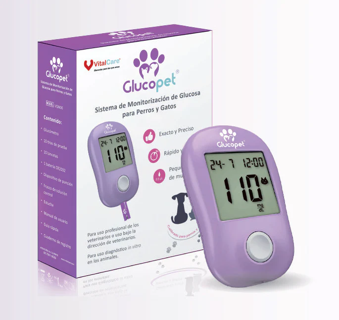 Paquete Glucopet Monitor de Glucosa para perros y gatos ( glucómetro veterinario perros y gatos ) Con caja extra de Tiras y Caja de Lancetas