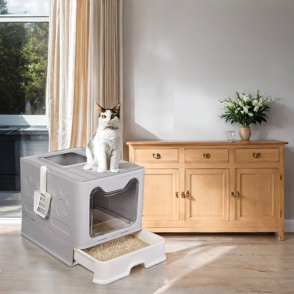 Arenero Cerrado Cuadrado Gris Para Gato Con Puerta Y Pala - Imagen 7